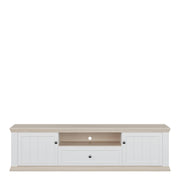 Pontypool Wide TV Unit with 2 Doors, Drawer & Open Shelf in White and Riva Oak – image 2