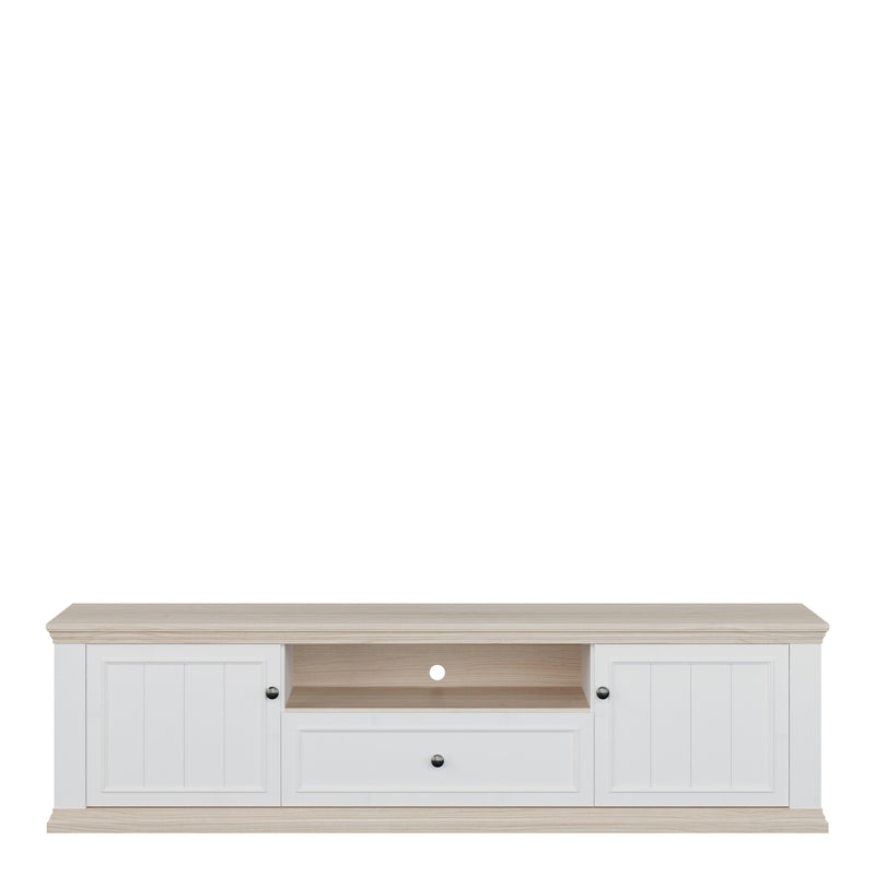 Pontypool Wide TV Unit with 2 Doors, Drawer & Open Shelf in White and Riva Oak – image 2