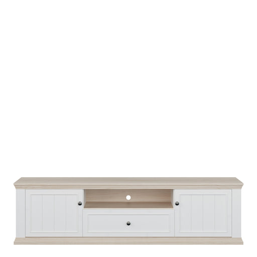 Pontypool Wide TV Unit with 2 Doors, Drawer & Open Shelf in White and Riva Oak – image 2