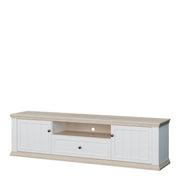 Pontypool Wide TV Unit with 2 Doors, Drawer & Open Shelf in White and Riva Oak – image 3