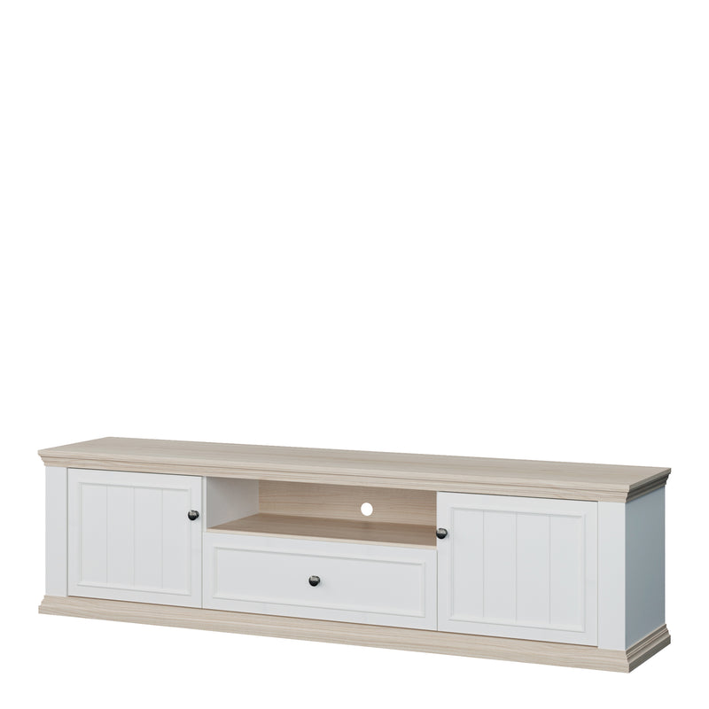 Pontypool Wide TV Unit with 2 Doors, Drawer & Open Shelf in White and Riva Oak – image 3