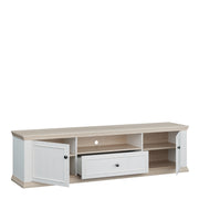 Pontypool Wide TV Unit with 2 Doors, Drawer & Open Shelf in White and Riva Oak – image 4
