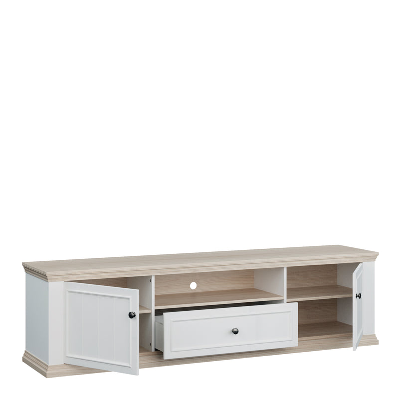Pontypool Wide TV Unit with 2 Doors, Drawer & Open Shelf in White and Riva Oak – image 4