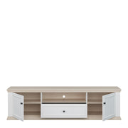 Pontypool Wide TV Unit with 2 Doors, Drawer & Open Shelf in White and Riva Oak – image 5