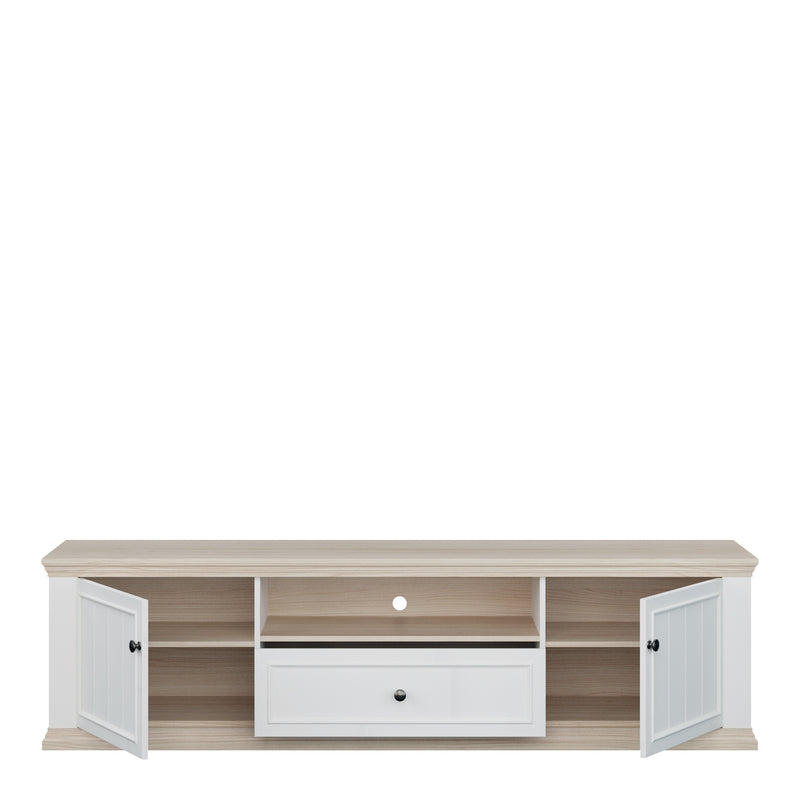 Pontypool Wide TV Unit with 2 Doors, Drawer & Open Shelf in White and Riva Oak – image 5