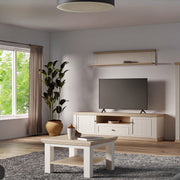 Pontypool Wide TV Unit with 2 Doors, Drawer & Open Shelf in White and Riva Oak – image 7