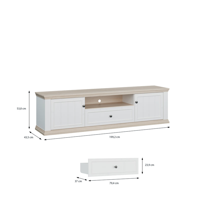 Pontypool Wide TV Unit with 2 Doors, Drawer & Open Shelf in White and Riva Oak – image 9