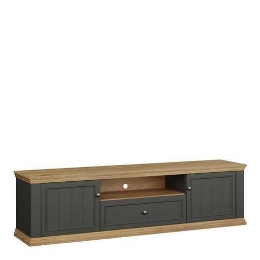Pontypool Wide TV Unit with 2 Doors, Drawer & Open Shelf in Grey and Mauvella Oak – image 1