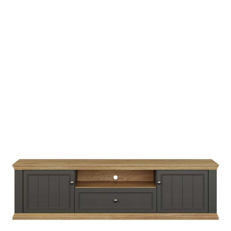 Pontypool Wide TV Unit with 2 Doors, Drawer & Open Shelf in Grey and Mauvella Oak – image 2