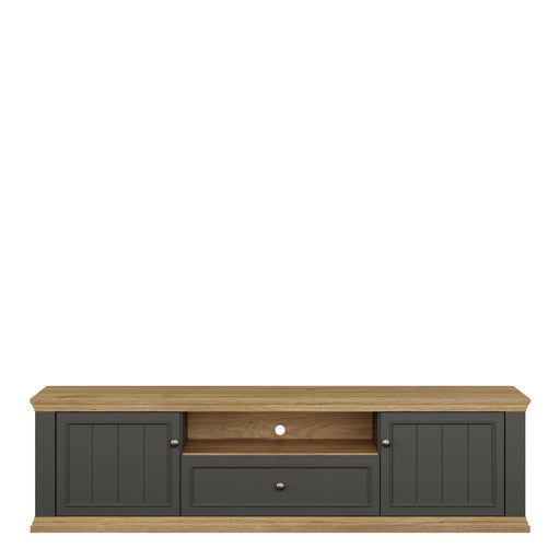 Pontypool Wide TV Unit with 2 Doors, Drawer & Open Shelf in Grey and Mauvella Oak – image 2
