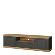 Pontypool Wide TV Unit with 2 Doors, Drawer & Open Shelf in Grey and Mauvella Oak – image 3