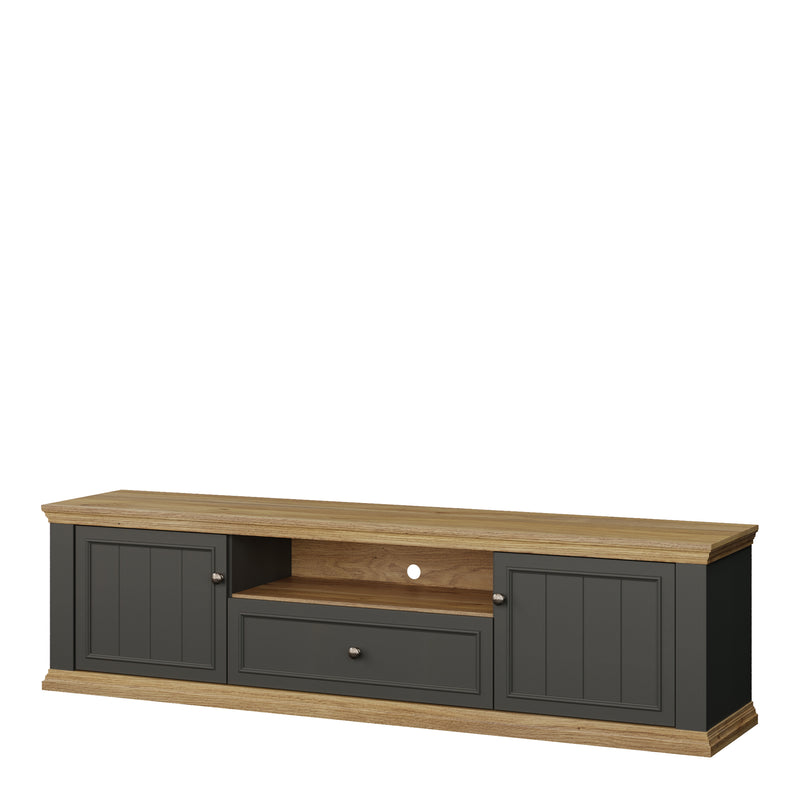 Pontypool Wide TV Unit with 2 Doors, Drawer & Open Shelf in Grey and Mauvella Oak – image 3