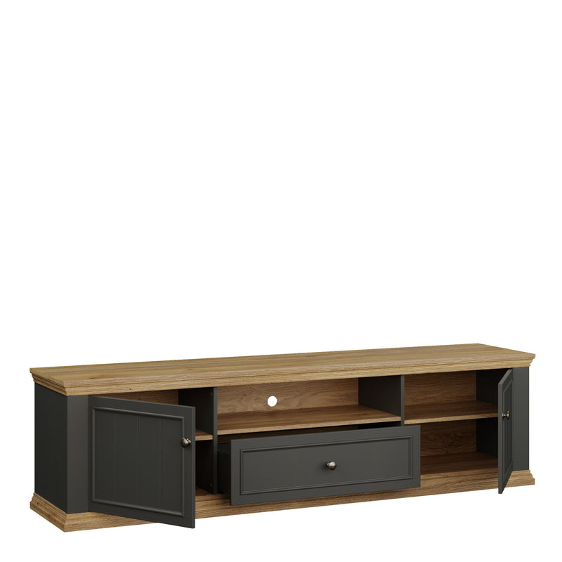 Pontypool Wide TV Unit with 2 Doors, Drawer & Open Shelf in Grey and Mauvella Oak – image 4