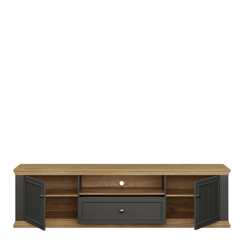 Pontypool Wide TV Unit with 2 Doors, Drawer & Open Shelf in Grey and Mauvella Oak – image 5