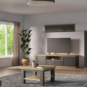 Pontypool Wide TV Unit with 2 Doors, Drawer & Open Shelf in Grey and Mauvella Oak – image 7