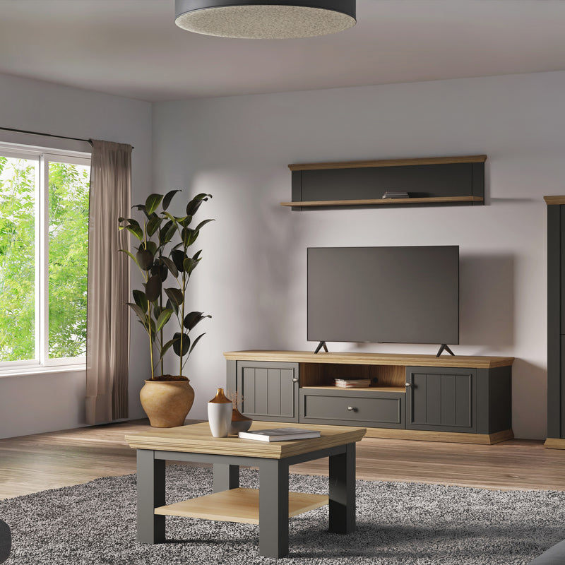 Pontypool Wide TV Unit with 2 Doors, Drawer & Open Shelf in Grey and Mauvella Oak – image 7