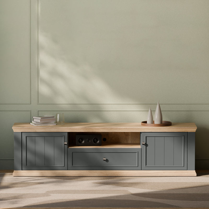 Pontypool Wide TV Unit with 2 Doors, Drawer & Open Shelf in Grey and Mauvella Oak – image 8