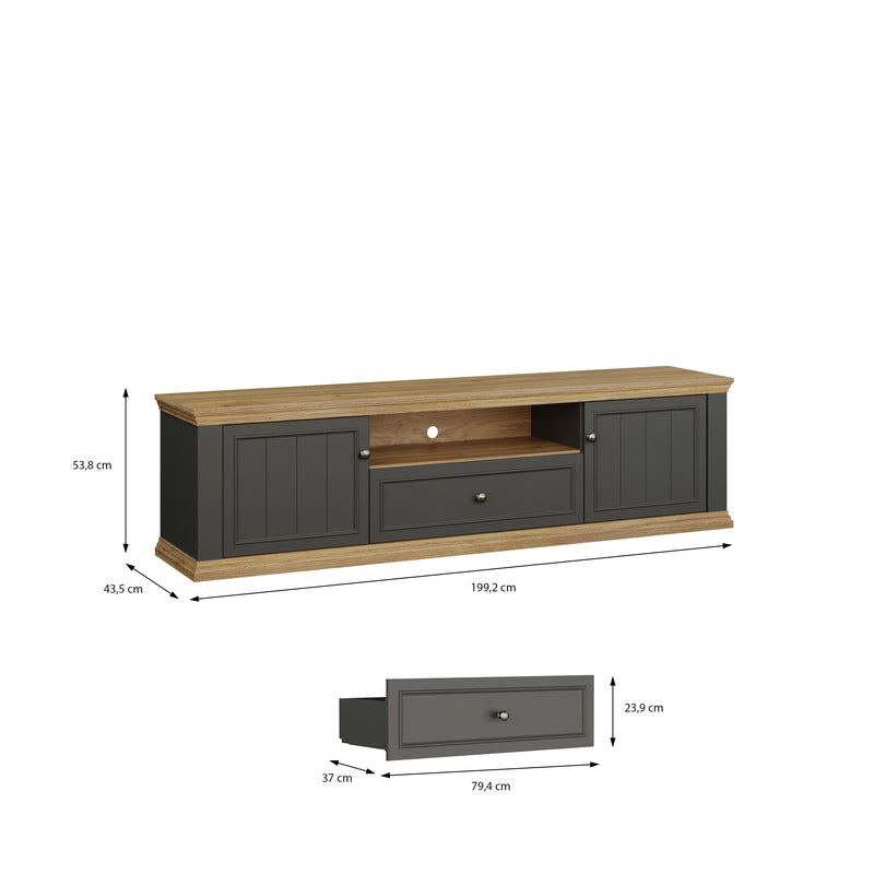 Pontypool Wide TV Unit with 2 Doors, Drawer & Open Shelf in Grey and Mauvella Oak – image 9