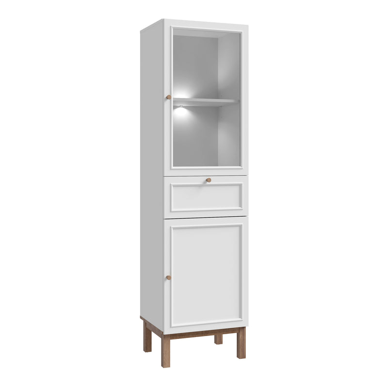 Wensley Display Cabinet with 1 Door 1 Drawer and 1 Glass Door in Light Grey and Oak inc LED Lighting – image 1