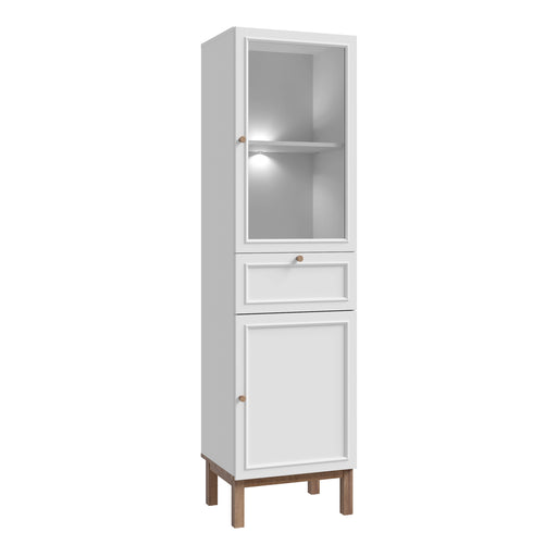 Wensley Display Cabinet with 1 Door 1 Drawer and 1 Glass Door in Light Grey and Oak inc LED Lighting – image 1