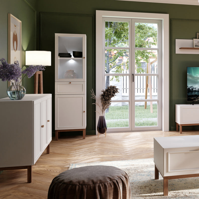 Wensley Display Cabinet with 1 Door 1 Drawer and 1 Glass Door in Light Grey and Oak inc LED Lighting – image 5