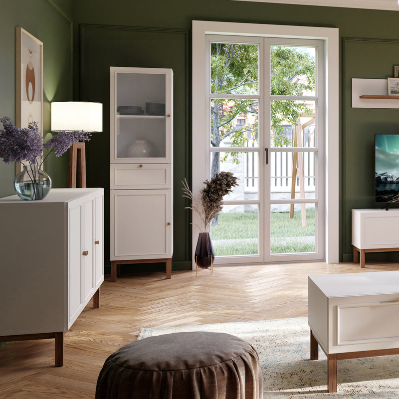 Wensley Display Cabinet with 1 Door 1 Drawer and 1 Glass Door in Light Grey and Oak inc LED Lighting – image 6