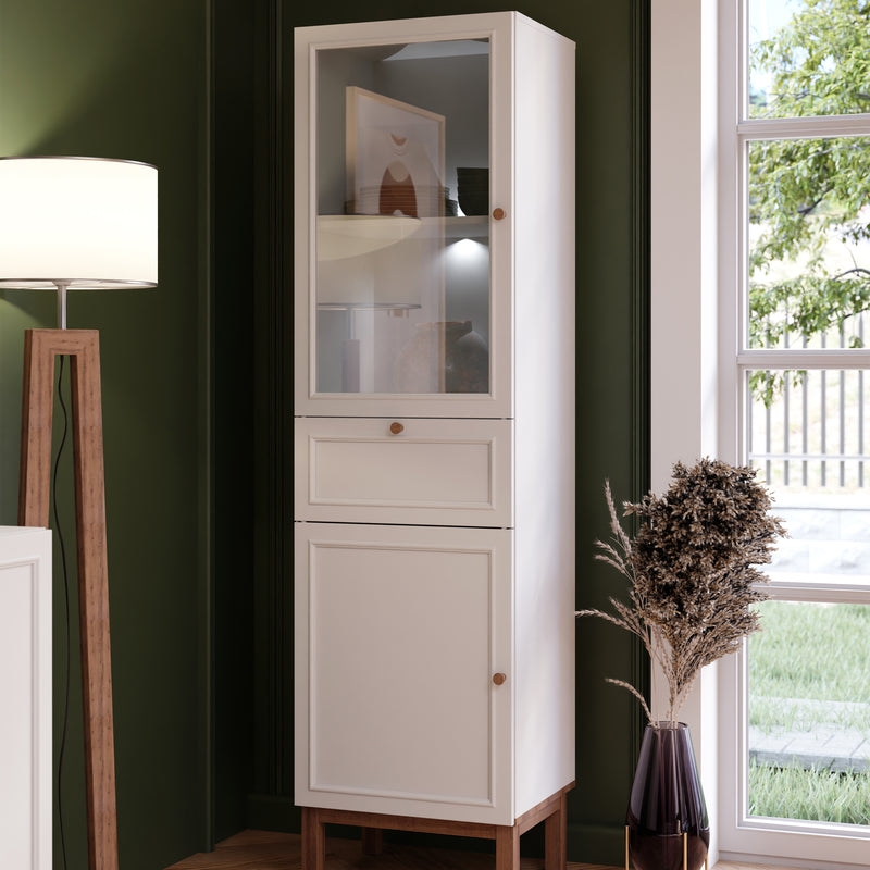 Wensley Display Cabinet with 1 Door 1 Drawer and 1 Glass Door in Light Grey and Oak inc LED Lighting – image 7