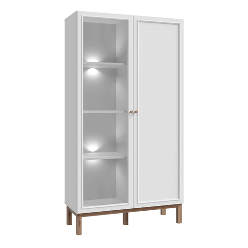 Wensley Display Cabinet with 1 Door and 1 Glass Door in Light Grey and Oak inc LED Lighting – image 1