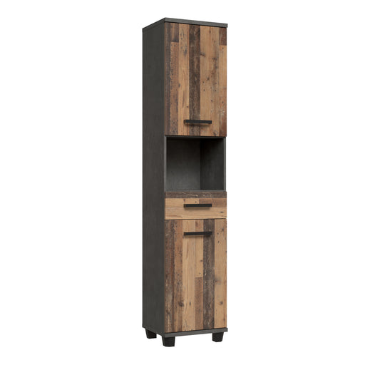 Veris Tall Narrow Bathroom Cupboard with 2 Doors & 1 Drawer in Walnut and Dark Grey – image 1