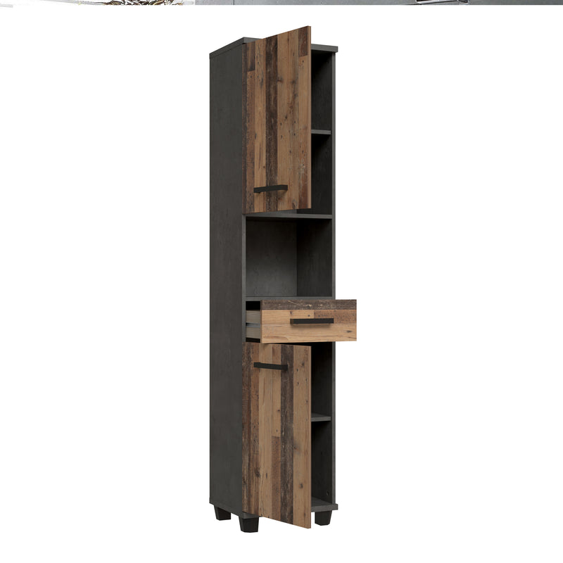 Veris Tall Narrow Bathroom Cupboard with 2 Doors & 1 Drawer in Walnut and Dark Grey – image 3