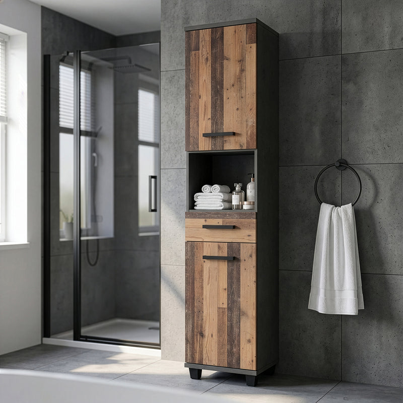 Veris Tall Narrow Bathroom Cupboard with 2 Doors & 1 Drawer in Walnut and Dark Grey – image 5