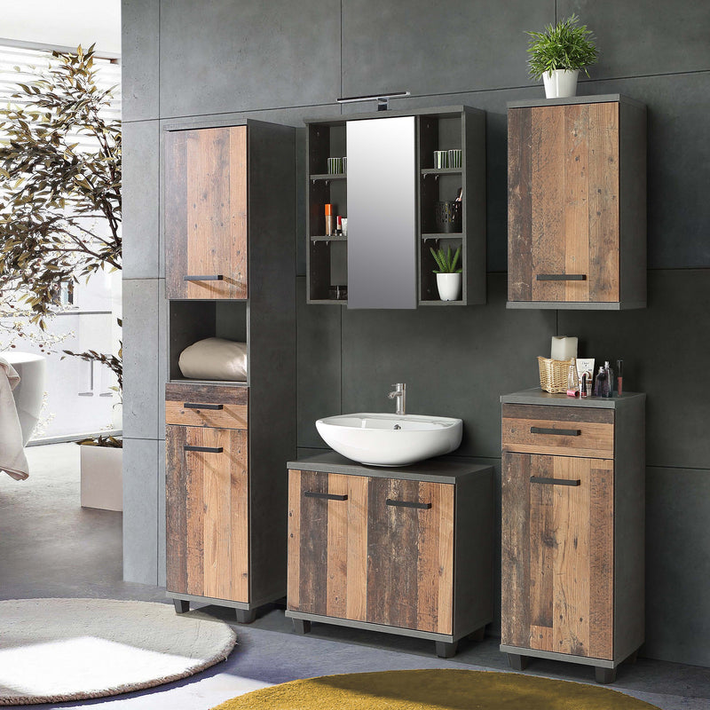 Veris Tall Narrow Bathroom Cupboard with 2 Doors & 1 Drawer in Walnut and Dark Grey – image 6