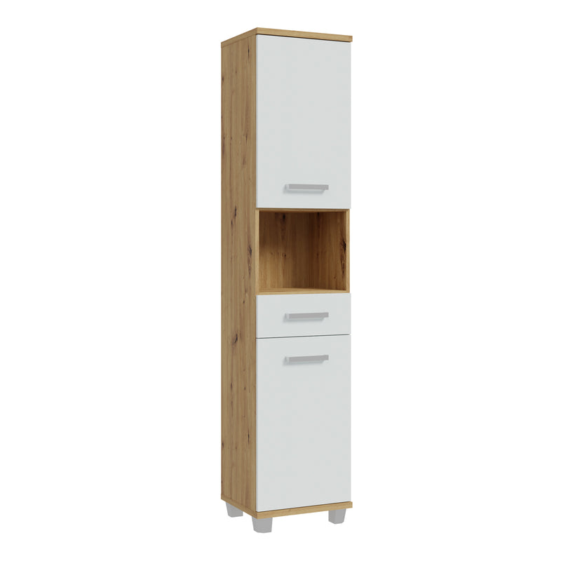Veris Tall Narrow Bathroom Cupboard with 2 Doors & 1 Drawer in Sonoma Oak and White Gloss – image 1
