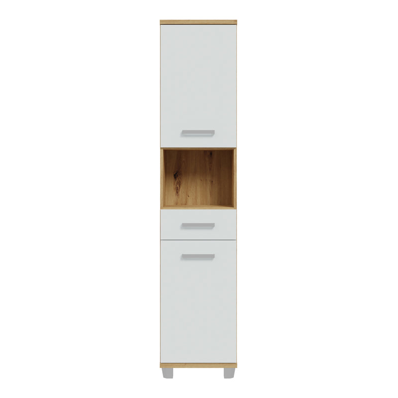 Veris Tall Narrow Bathroom Cupboard with 2 Doors & 1 Drawer in Sonoma Oak and White Gloss – image 2