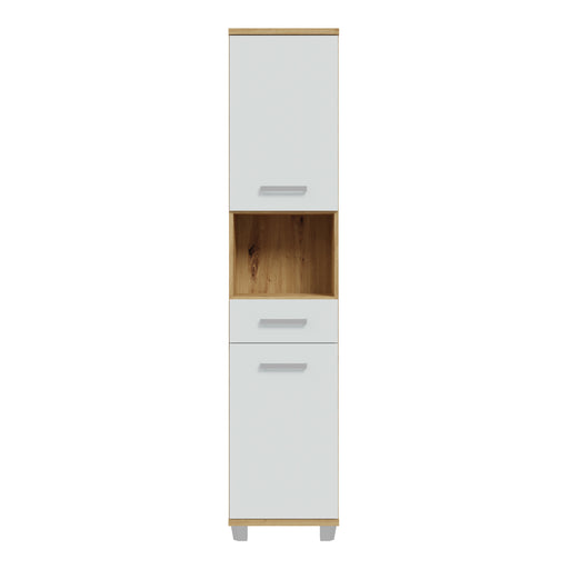 Veris Tall Narrow Bathroom Cupboard with 2 Doors & 1 Drawer in Sonoma Oak and White Gloss – image 2