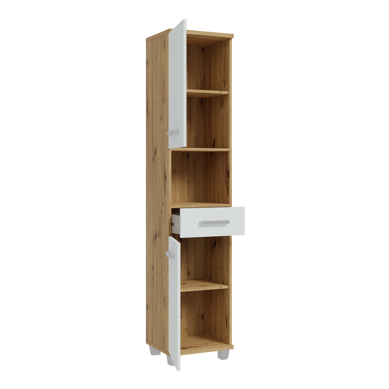 Veris Tall Narrow Bathroom Cupboard with 2 Doors & 1 Drawer in Sonoma Oak and White Gloss – image 3