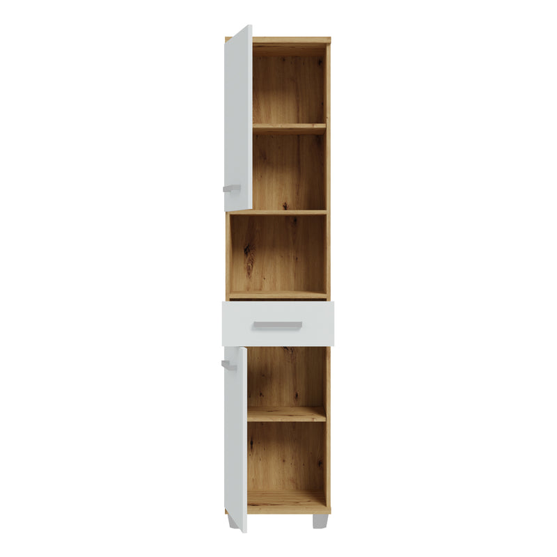 Veris Tall Narrow Bathroom Cupboard with 2 Doors & 1 Drawer in Sonoma Oak and White Gloss – image 4