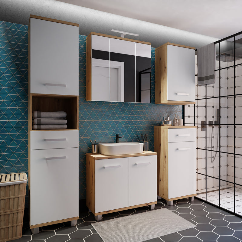 Veris Tall Narrow Bathroom Cupboard with 2 Doors & 1 Drawer in Sonoma Oak and White Gloss – image 6