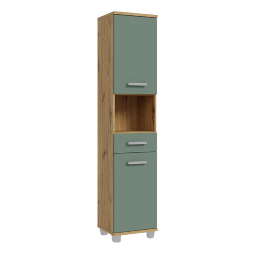 Veris Tall Narrow Bathroom Cupboard with 2 Doors & 1 Drawer in Artisan Oak and Sage Green – image 1