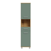 Veris Tall Narrow Bathroom Cupboard with 2 Doors & 1 Drawer in Artisan Oak and Sage Green – image 2