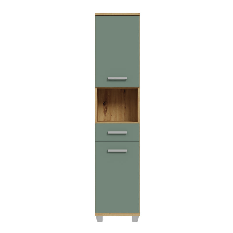 Veris Tall Narrow Bathroom Cupboard with 2 Doors & 1 Drawer in Artisan Oak and Sage Green – image 2