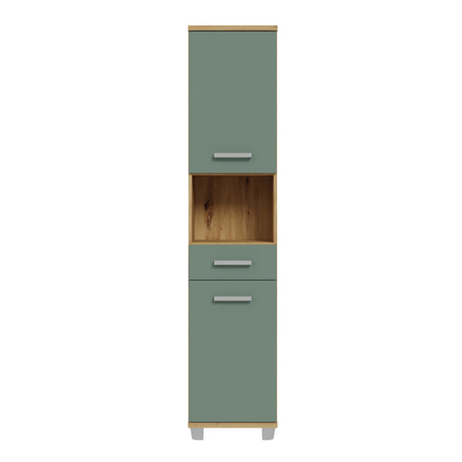 Veris Tall Narrow Bathroom Cupboard with 2 Doors & 1 Drawer in Artisan Oak and Sage Green – image 2