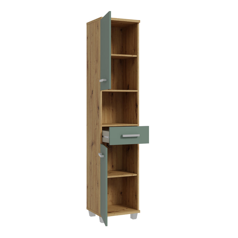 Veris Tall Narrow Bathroom Cupboard with 2 Doors & 1 Drawer in Artisan Oak and Sage Green – image 3