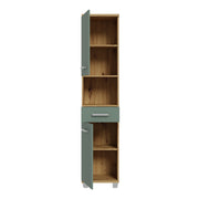 Veris Tall Narrow Bathroom Cupboard with 2 Doors & 1 Drawer in Artisan Oak and Sage Green – image 4