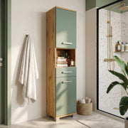 Veris Tall Narrow Bathroom Cupboard with 2 Doors & 1 Drawer in Artisan Oak and Sage Green – image 5