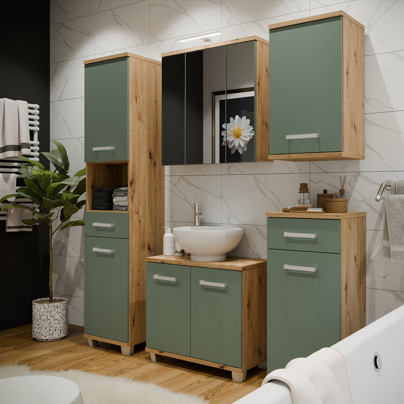 Veris Tall Narrow Bathroom Cupboard with 2 Doors & 1 Drawer in Artisan Oak and Sage Green – image 6