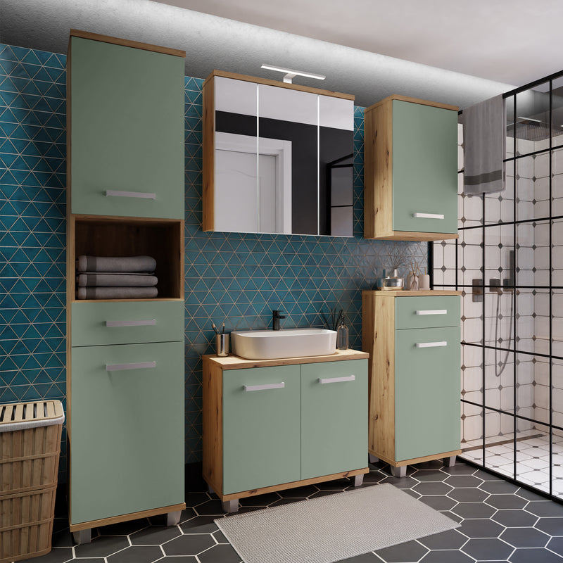 Veris Tall Narrow Bathroom Cupboard with 2 Doors & 1 Drawer in Artisan Oak and Sage Green – image 7