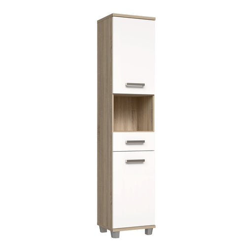 Veris Tall Narrow Bathroom Cupboard with 2 Doors & 1 Drawer in Sonoma Oak and White High Gloss – image 1