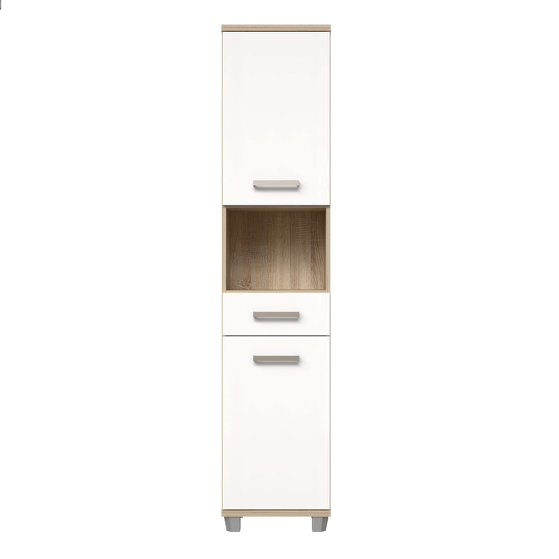 Veris Tall Narrow Bathroom Cupboard with 2 Doors & 1 Drawer in Sonoma Oak and White High Gloss – image 2