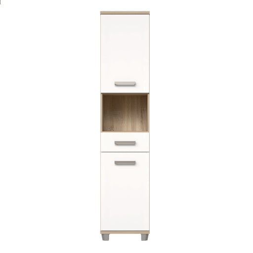 Veris Tall Narrow Bathroom Cupboard with 2 Doors & 1 Drawer in Sonoma Oak and White High Gloss – image 2